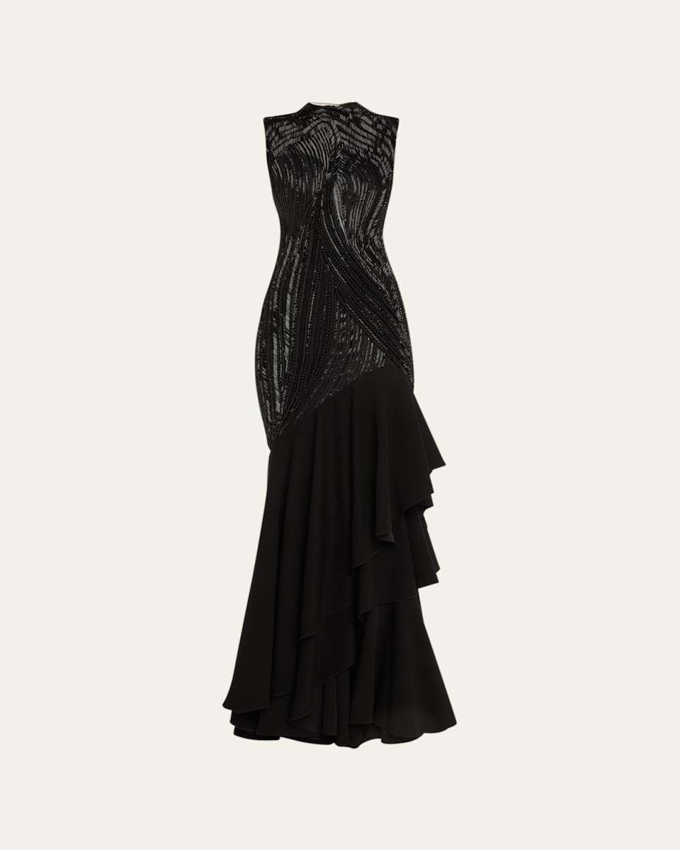 The Beaded Tulle Ruffle Draped Gown